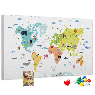 Fětská nástěnka Mapa světa s ilustracemi zvířat.