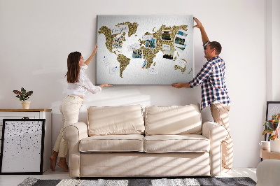 Nástěnka Zlatá mapa světa na bílém pozadí