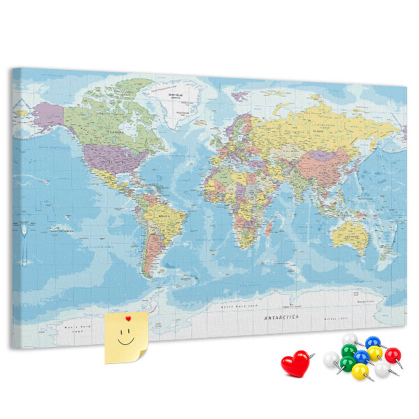 Korková nástěnka Mapa světa s barevnými kontinenty.