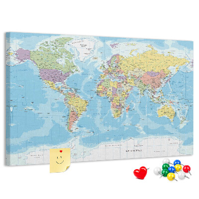 Korková nástěnka Mapa světa s barevnými kontinenty.