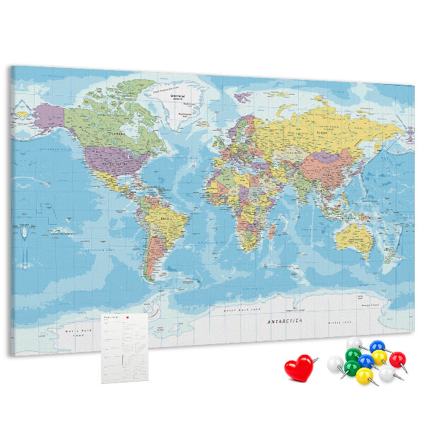 Korková nástěnka Mapa světa s barevnými kontinenty.