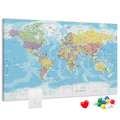 Korková nástěnka Mapa světa s barevnými kontinenty.