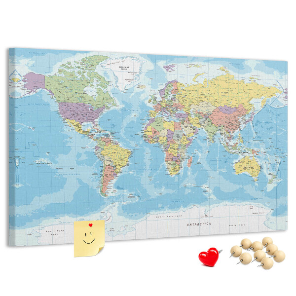 Korková nástěnka Mapa světa s barevnými kontinenty.