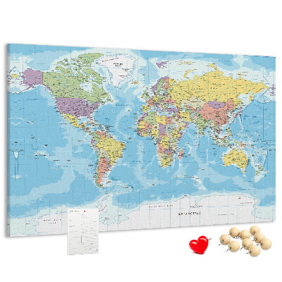 Korková nástěnka Mapa světa s barevnými kontinenty.