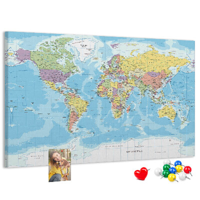 Korková nástěnka Mapa světa s barevnými kontinenty.