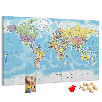 Korková nástěnka Mapa světa s barevnými kontinenty.