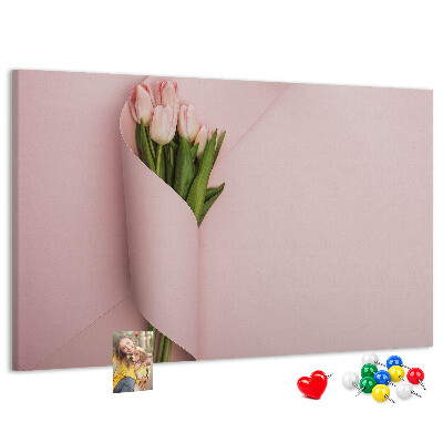 Korková nástěnka Jemné tulipány na růžovém pozadí
