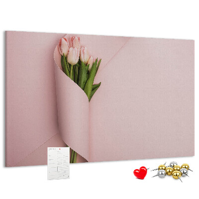 Korková nástěnka Jemné tulipány na růžovém pozadí