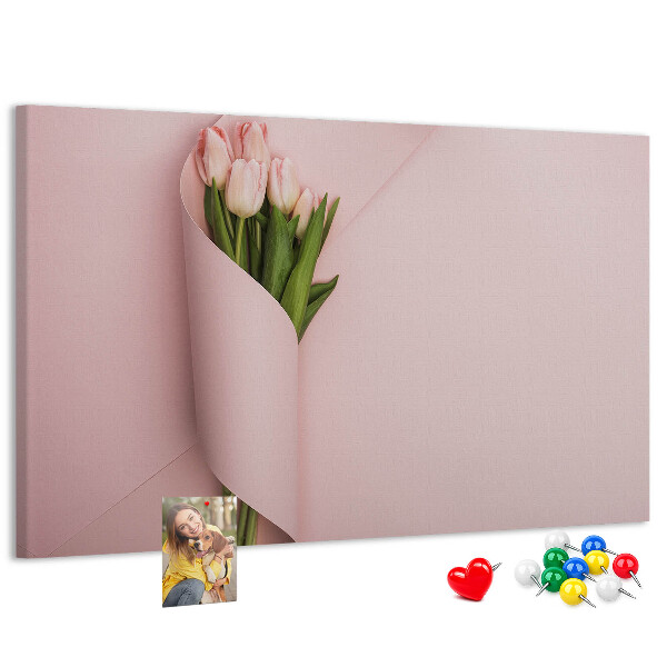 Korková nástěnka Jemné tulipány na růžovém pozadí