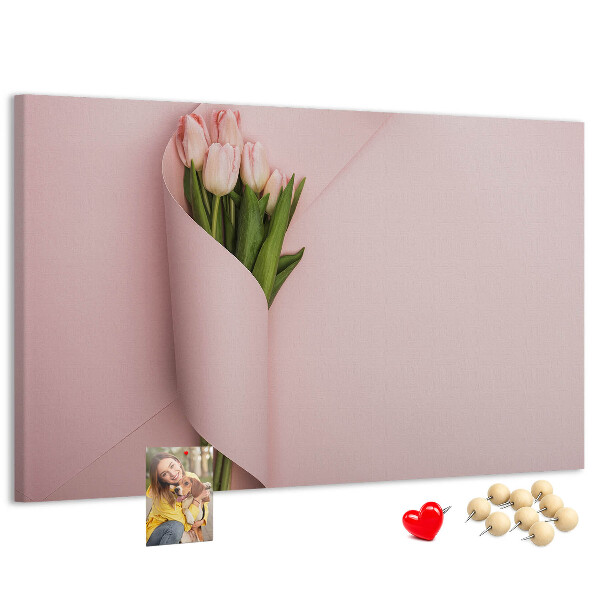 Korková nástěnka Jemné tulipány na růžovém pozadí