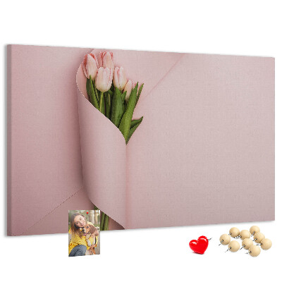 Korková nástěnka Jemné tulipány na růžovém pozadí