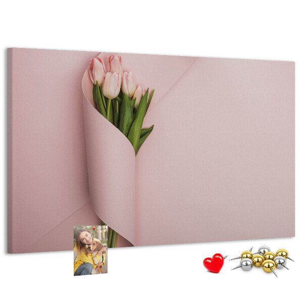Korková nástěnka Jemné tulipány na růžovém pozadí