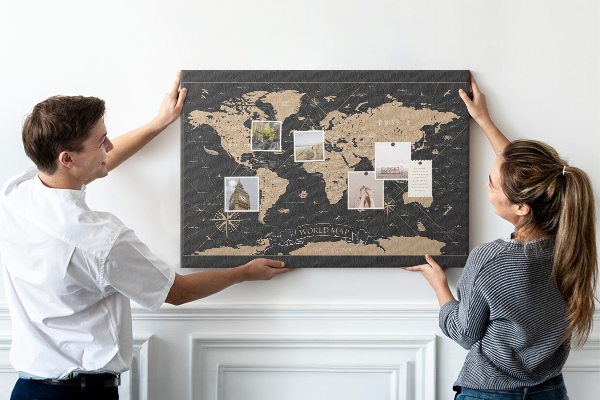 Nástěnka Černá mapa světa se zlatými akcenty