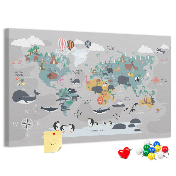 Nástěnka Mapa světa s ilustracemi zvířat.
