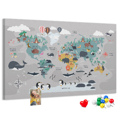 Nástěnka Mapa světa s ilustracemi zvířat.
