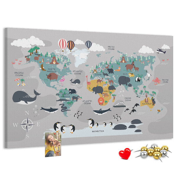 Nástěnka Mapa světa s ilustracemi zvířat.
