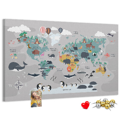 Nástěnka Mapa světa s ilustracemi zvířat.