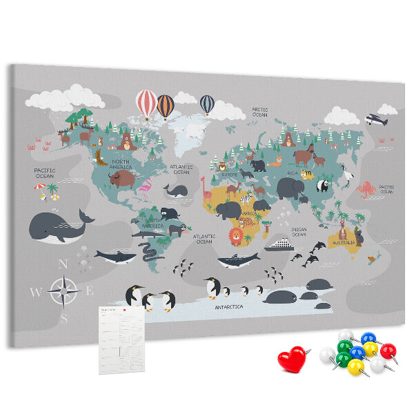Nástěnka Mapa světa s ilustracemi zvířat.