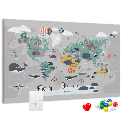 Nástěnka Mapa světa s ilustracemi zvířat.