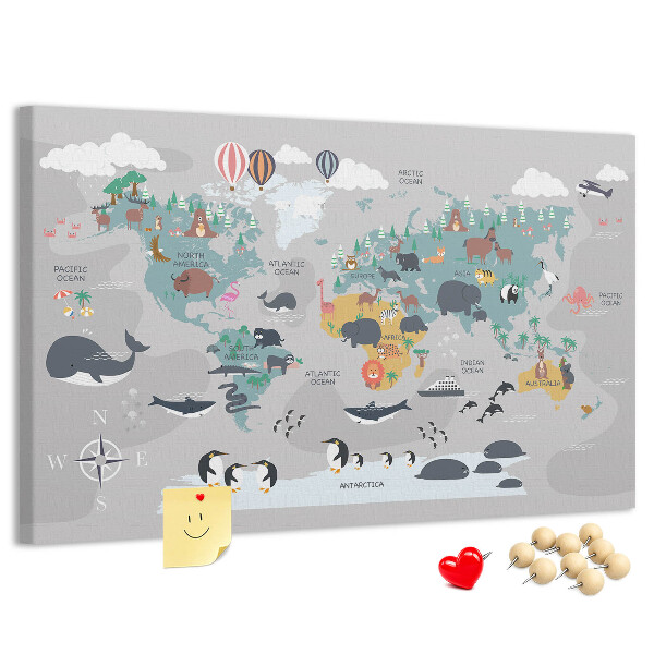 Nástěnka Mapa světa s ilustracemi zvířat.