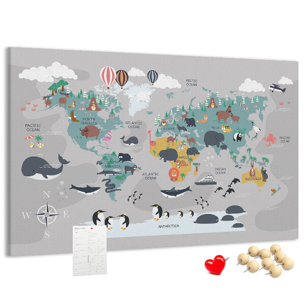 Nástěnka Mapa světa s ilustracemi zvířat.