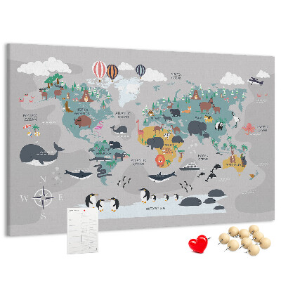 Nástěnka Mapa světa s ilustracemi zvířat.