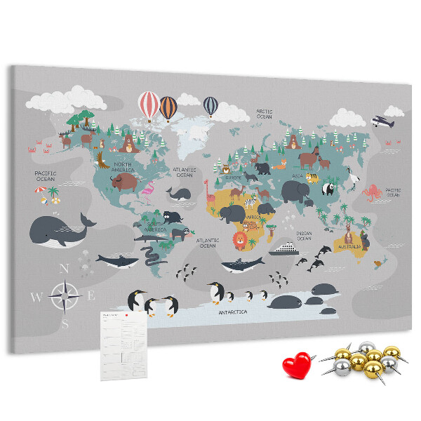 Nástěnka Mapa světa s ilustracemi zvířat.