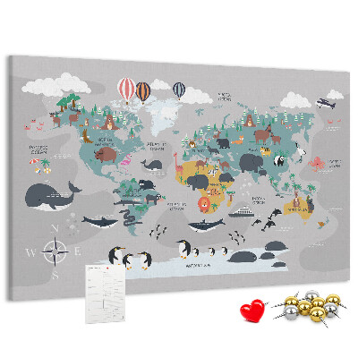 Nástěnka Mapa světa s ilustracemi zvířat.