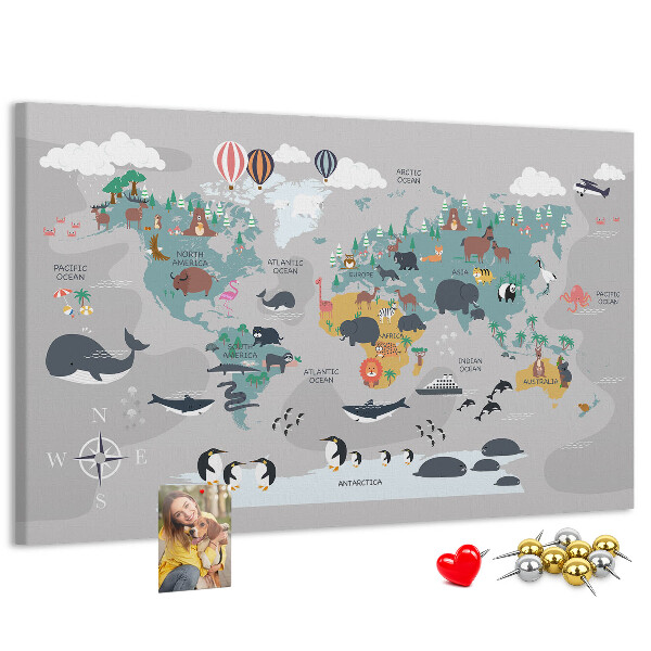 Nástěnka Mapa světa s ilustracemi zvířat.