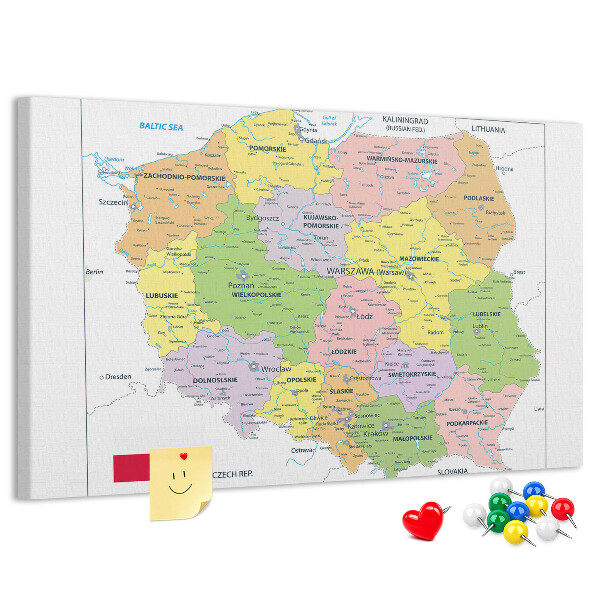 Korková nástěnka Mapa Polska s barevnými vojvodstvími