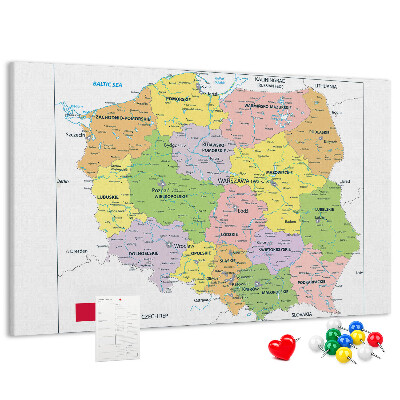 Korková nástěnka Mapa Polska s barevnými vojvodstvími
