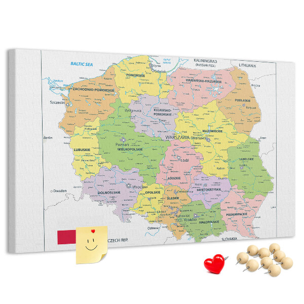 Korková nástěnka Mapa Polska s barevnými vojvodstvími