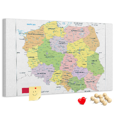 Korková nástěnka Mapa Polska s barevnými vojvodstvími
