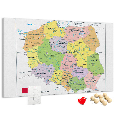 Korková nástěnka Mapa Polska s barevnými vojvodstvími