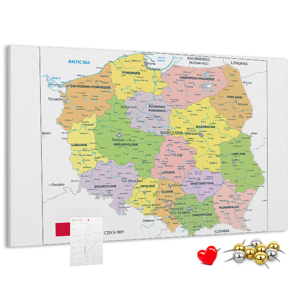Korková nástěnka Mapa Polska s barevnými vojvodstvími