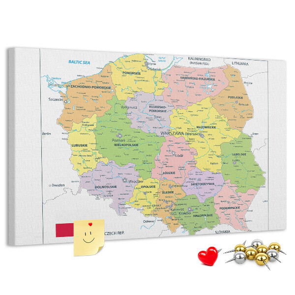 Korková nástěnka Mapa Polska s barevnými vojvodstvími