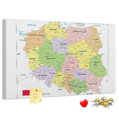 Korková nástěnka Mapa Polska s barevnými vojvodstvími