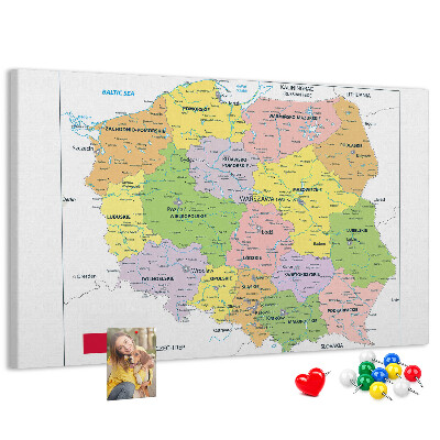 Korková nástěnka Mapa Polska s barevnými vojvodstvími