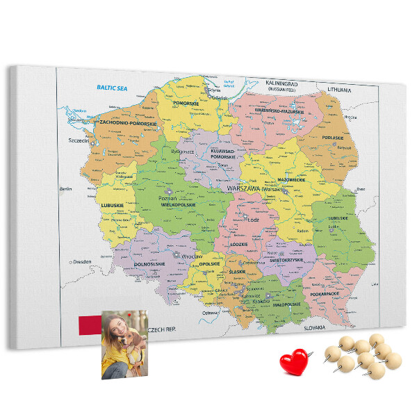 Korková nástěnka Mapa Polska s barevnými vojvodstvími