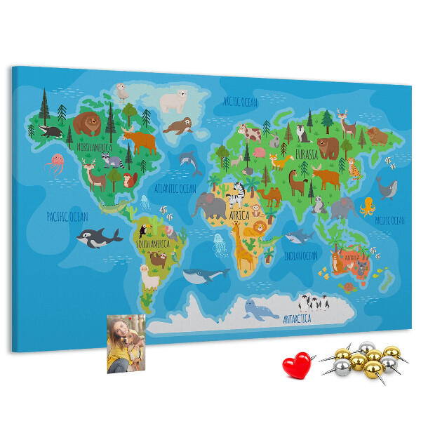 Nástěnka Mapa světa s ilustracemi zvířat.