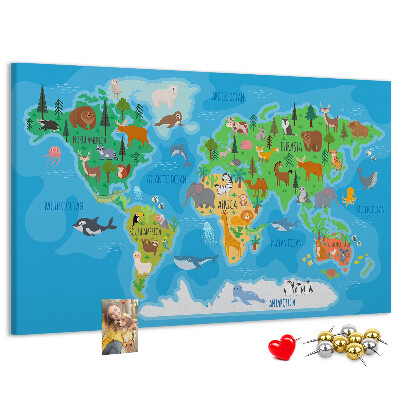 Nástěnka Mapa světa s ilustracemi zvířat.