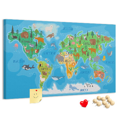 Nástěnka Mapa světa s ilustracemi zvířat.