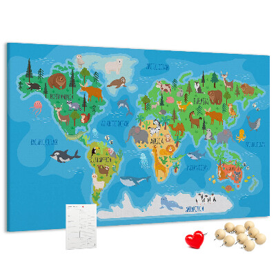 Nástěnka Mapa světa s ilustracemi zvířat.