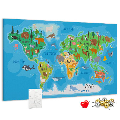 Nástěnka Mapa světa s ilustracemi zvířat.