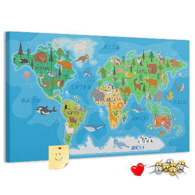 Nástěnka Mapa světa s ilustracemi zvířat.
