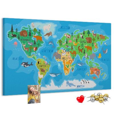 Nástěnka Mapa světa s ilustracemi zvířat.