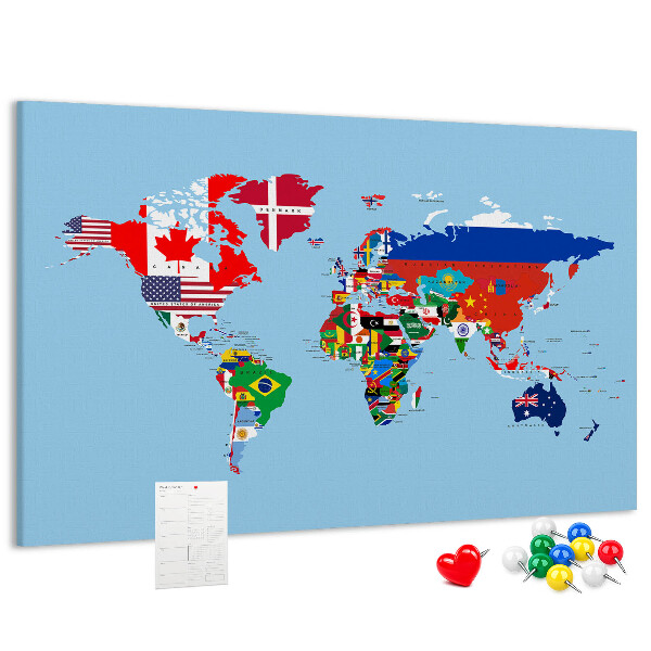 Nástěnka Mapa světa s vlajkami zemí