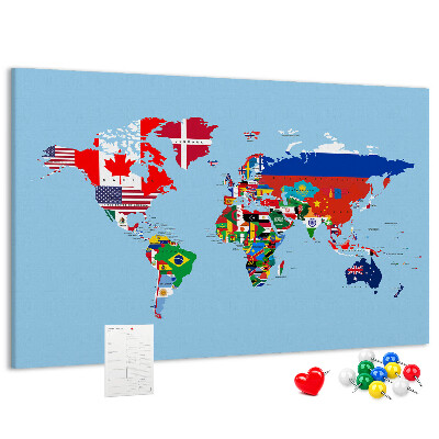 Nástěnka Mapa světa s vlajkami zemí
