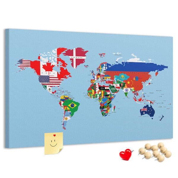 Nástěnka Mapa světa s vlajkami zemí