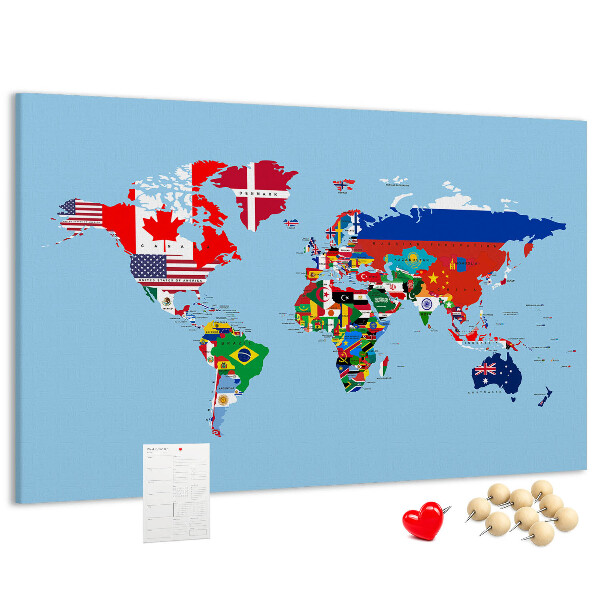 Nástěnka Mapa světa s vlajkami zemí